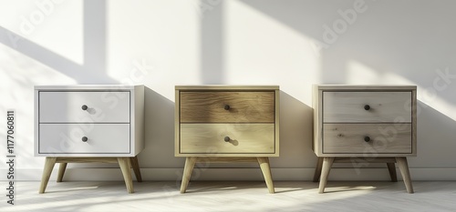 3D rendering of three wooden drawer cabinets in different colors