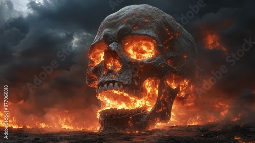 A surreal scene where an enormous skull appears through raging flames, lighting up a darkened sky, capturing themes of fear and chaos in striking art. photo