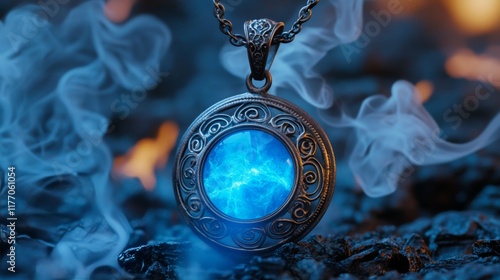 Mystical pendant with glowing blue orb surrounded by mist on dark surface