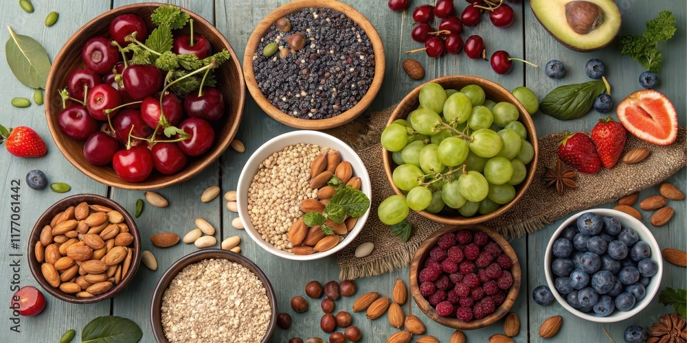 A Bountiful Selection of Healthy and Nutritious Foods Featuring an Array of Colorful Fruits, Nuts, and Seeds A Bountiful Selection of Healthy and Nutritious Foods Featuring an Array of Colorful Fruits, Nuts, and Seeds