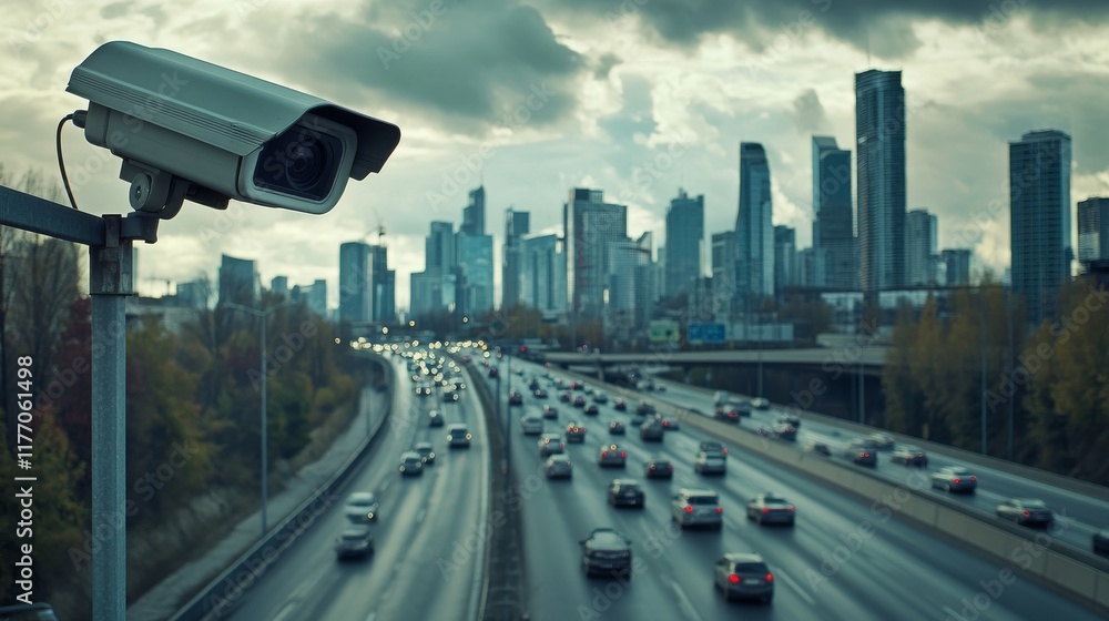 A surveillance camera overlooks a busy highway filled with vehicles during dusk. The city skyline features modern buildings under a cloudy sky, creating an urban atmosphere A surveillance camera overlooks a busy highway filled with vehicles during dusk. The city skyline features modern buildings under a cloudy sky, creating an urban atmosphere