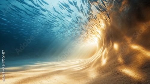 A vibrant underwater view showcases a school of fish gliding through warm, golden sunlight that filters through a wave, creating a mesmerizing atmosphere in the ocean depths