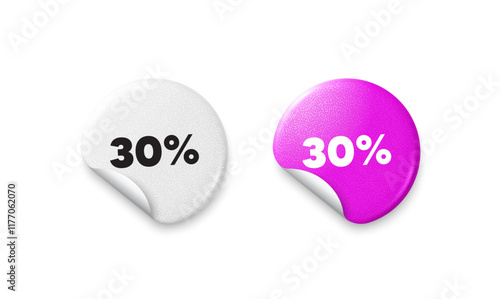 Discount sticker tags. Glitter paper price badge. 30 percent off sale tag. Discount offer price sign. Special offer symbol. Offer round sticker. Promo banner. Vector