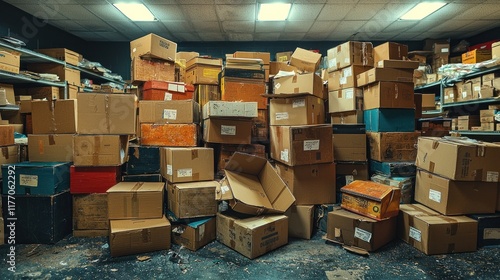 Cardboard boxes stacked high in a dimly lit storage room with metal shelves in background, potential for inventory or archive