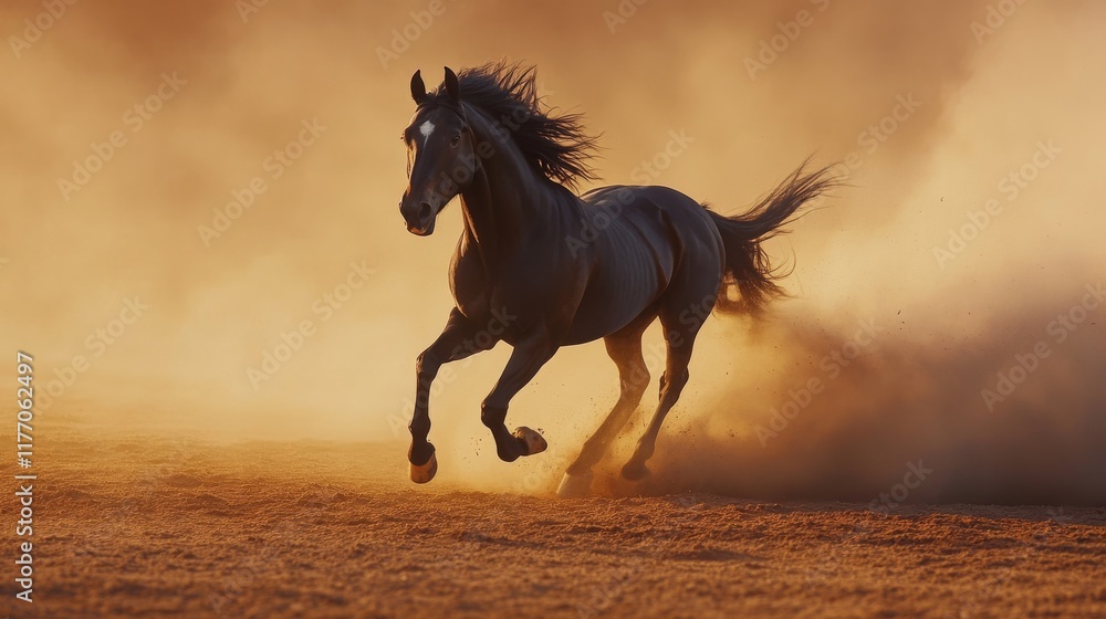 A powerful black horse runs freely across sunlit plains, kicking up clouds of golden dust. The vibrant sunset casts a warm glow, enhancing the scene's beauty and tranquility A powerful black horse runs freely across sunlit plains, kicking up clouds of golden dust. The vibrant sunset casts a warm glow, enhancing the scene's beauty and tranquility