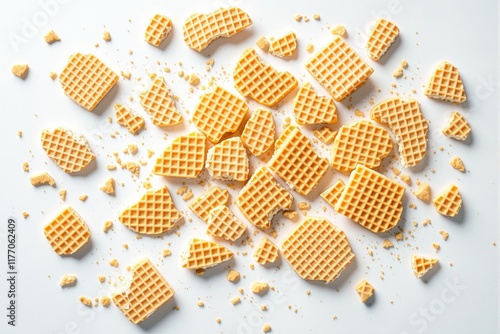 Crumbled waffles and crumbs scattered on white background, creating a visually engaging layout. Concept of snack, dessert, and texture. Ai generative photo