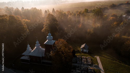 Fototapeta Naklejka Na Ścianę i Meble -  Aerial View of Orthodox Wooden Church in Carpathian Mountains, Poland