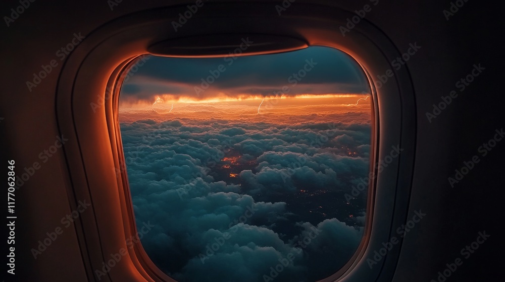 A breathtaking view reveals a vibrant sunset framed by an airplane window. Dark clouds blanket the horizon, while warm colors light the sky, creating a captivating travel moment A breathtaking view reveals a vibrant sunset framed by an airplane window. Dark clouds blanket the horizon, while warm colors light the sky, creating a captivating travel moment