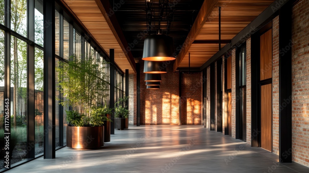 A modern corridor bathed in natural light, featuring sleek, contemporary design with wooden accents, large windows, and vibrant potted greenery for a lush ambiance.