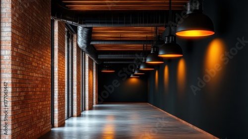 This atmospheric corridor showcase industrial design elements with exposed brick, dominating black walls, and bold overhead lighting for a dramatic effect. photo