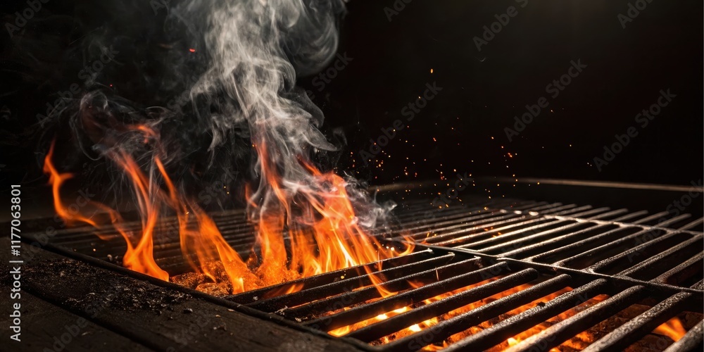 A fiery barbecue grill ready for cooking, with hot coals, vibrant flames, and wisps of smoke rising against a dark background. A fiery barbecue grill ready for cooking, with hot coals, vibrant flames, and wisps of smoke rising against a dark background.