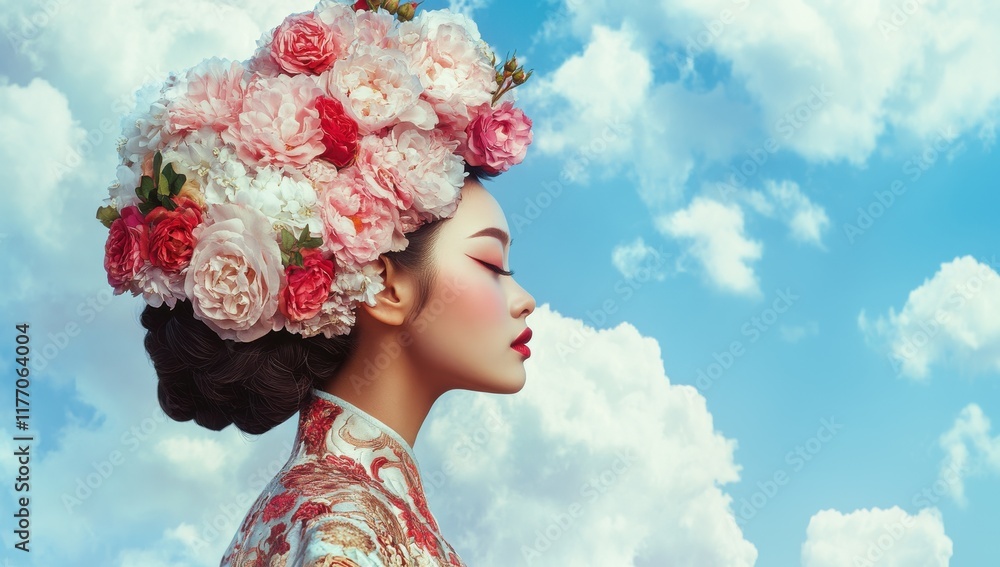 Captivating beauty of a woman adorned with floral headdress against a serene blue sky Captivating beauty of a woman adorned with floral headdress against a serene blue sky