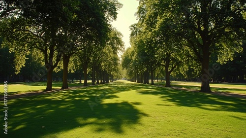 Wallpaper Mural Sun-dappled tree-lined path in a park. Lush green grass and symmetrical rows of trees create a peaceful scene. Torontodigital.ca