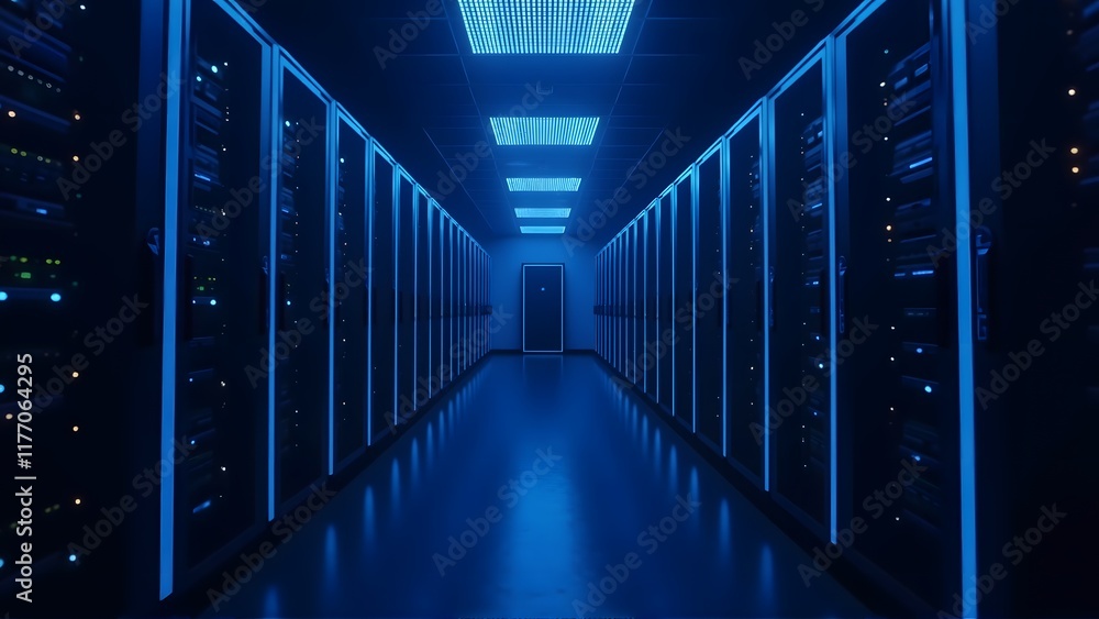 Fototapeta premium A futuristic data center corridor illuminated by blue lights, showcasing rows of server racks with glowing indicators, symbolizing advanced technology, connectivity, and digital infrastructure.