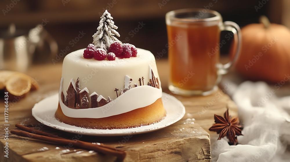 A sweet cake styled after a ski slope with a mug of spiced cider A sweet cake styled after a ski slope with a mug of spiced cider