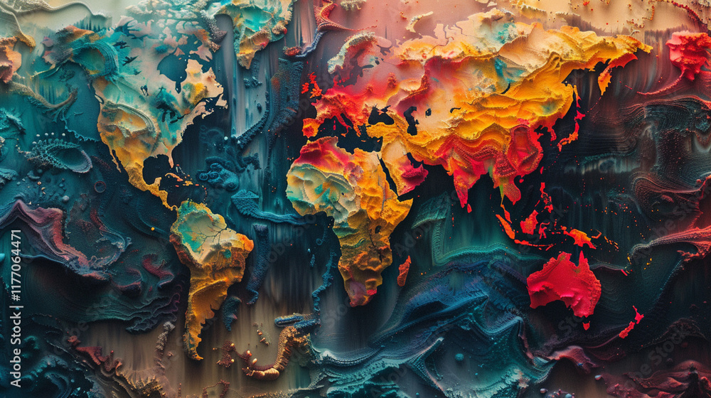 Fototapeta premium Colorful Abstract World Map with Textured Layers and Swirls