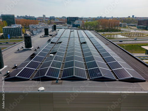solar panels on the roof of an office building in the Netherlands