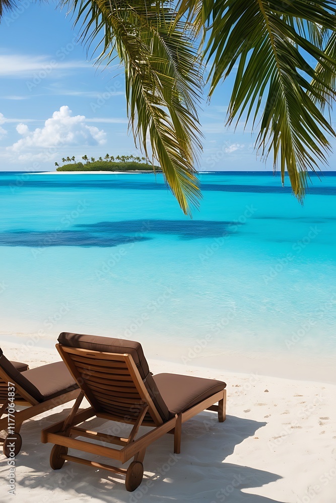 A shiny weather on a beautiful beach with a palm tree in the background