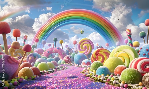 A rainbow arches over a candyland with candy canes and sweet delights