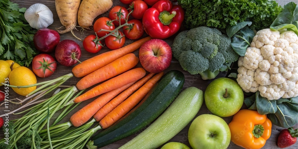 A vibrant collection of fresh fruits and vegetables, including carrots, apples, zucchini, broccoli, and cauliflower, displayed on a rustic wooden surface. A vibrant collection of fresh fruits and vegetables, including carrots, apples, zucchini, broccoli, and cauliflower, displayed on a rustic wooden surface.