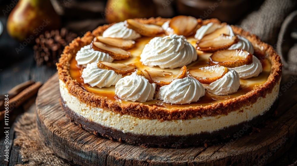 Pear cheesecake with whipped cream and caramel on rustic wood, autumnal background