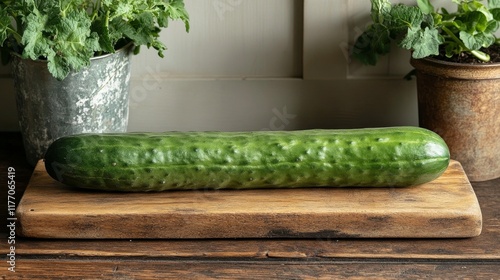 Fresh cucumber on wooden cutting board with herbs in pots on kitchen counter