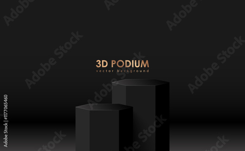 Black 3d vector podiums. Pedestal geometric scene, exhibition displays award ceremony product presentation, vertical shapes