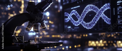 A futuristic DNA double helix hologram illuminated on a dark blue background with shining lights