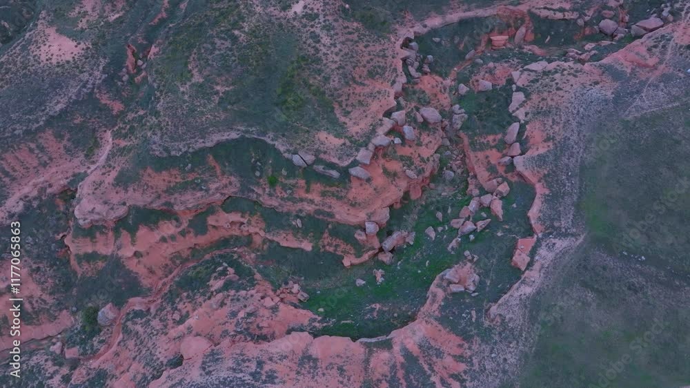 Winter landscape in the Sierra de Armantes. Aerial view from drone of erosion formations. Calatayud region. Zaragoza Province. Aragon. Spain. Europe Winter landscape in the Sierra de Armantes. Aerial view from drone of erosion formations. Calatayud region. Zaragoza Province. Aragon. Spain. Europe