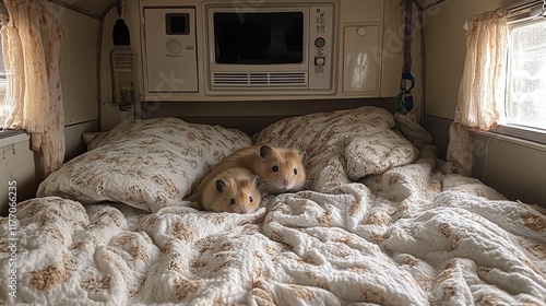 Cute hamster resting comfortably in a cozy blanket at home during the afterno...