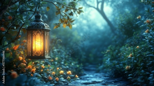 Glowing lantern lights the path in a misty forest filled with blooming flower...