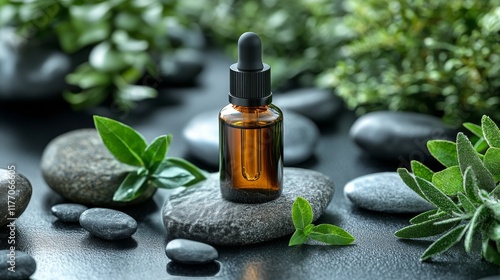 Sleek glass bottle of essential oil resting on smooth stones in a lush green ...