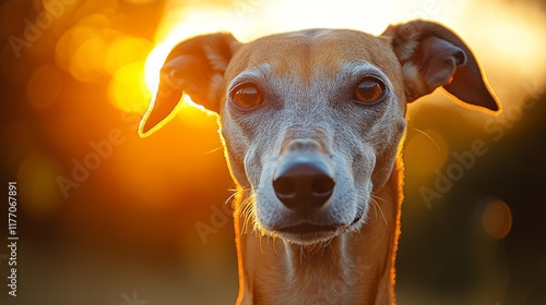 Dog resting peacefully in a golden sunset with autumn leaves around in a sere...