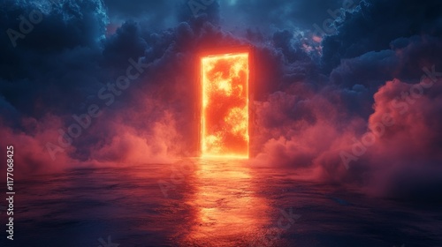 Fiery portal emerges from turbulent clouds over a mystical ocean at twilight