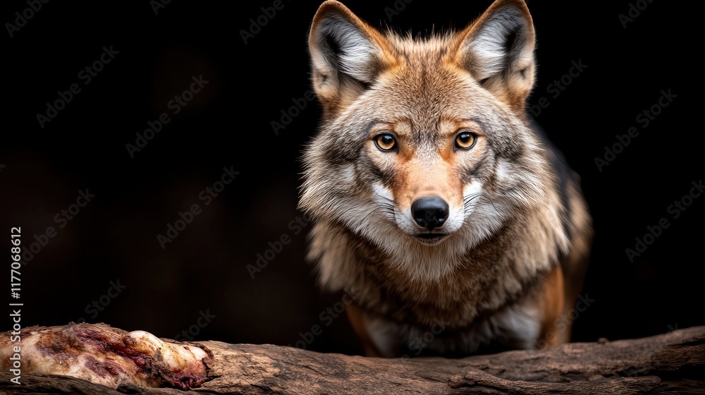 A focused wolf with attentive eyes staring at its prey in a natural setting, evoking a sense of wilderness and the primal, instinctive behavior of predators. A focused wolf with attentive eyes staring at its prey in a natural setting, evoking a sense of wilderness and the primal, instinctive behavior of predators.
