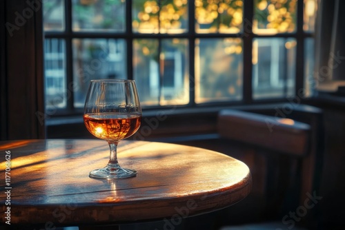 Warm evening light reflecting off a glass of amber drink on a wooden table by...