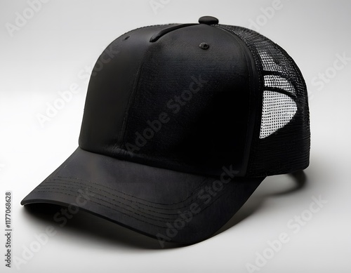 Blank trucker shining hat mockup isolated on a dark white greyish background photography closeup shot
