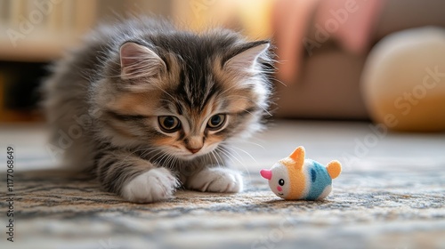 Playful kitten exploring a colorful toy on a soft rug in a cozy living room s...