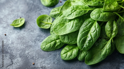Fresh spinach leaves arranged neatly on a dark surface for culinary use