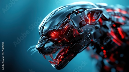 A sleek futuristic robotic panther bares its sharp teeth, with glowing red eyes and intricate mechanical design, set against a high-tech glowing backdrop. photo