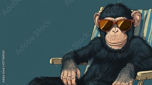 Chimpanzee relaxing in a beach chair with sunglasses. photo