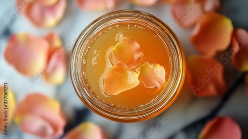 Delicate rose petals float in aromatic oil inside a glass jar on a marble sur...