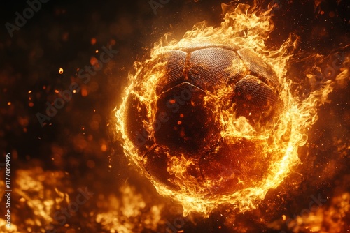 Dynamic flaming soccer ball in motion against a dark backdrop showcasing inte...