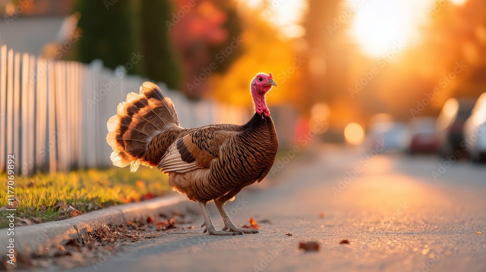 A solitary turkey stands on a leaf-covered street with autumn colors lighting the scene, capturing a moment of quiet reflection in urban wildlife coexistence. A solitary turkey stands on a leaf-covered street with autumn colors lighting the scene, capturing a moment of quiet reflection in urban wildlife coexistence.