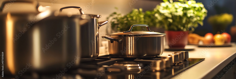 Kitchen scene stainless steel pots stove their sleek surfaces reflecting warmlit background soft glow ambient light creates comforting cozy atmosphere setting the stage for an evening of home cooking