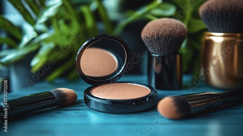 Stylish makeup setup with brushes and compact powder surrounded by greenery