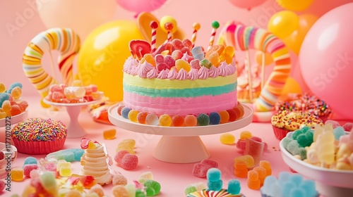 A vibrant candythemed luxury table with a candycolored cake surrounded by an array of gourmet gummies photo