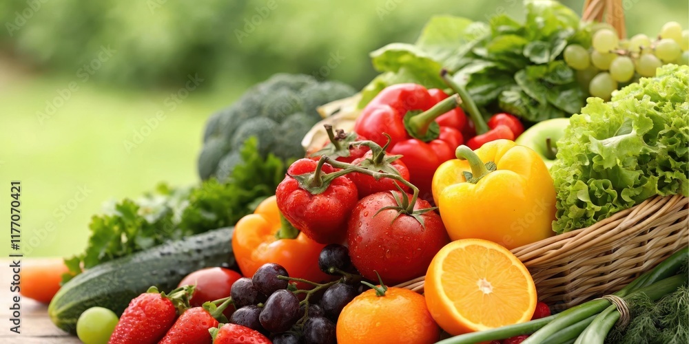 A vibrant basket overflowing with fresh, colorful fruits and vegetables, a healthy and delicious bounty from nature's garden