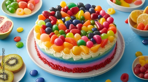 A vibrant fruitflavored cake with a rainbow of fruitshaped candies surrounding it photo