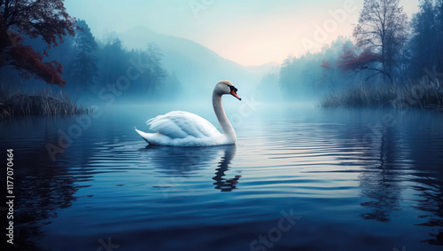 peaceful landscape with swan on lake or river in morning with mist photo